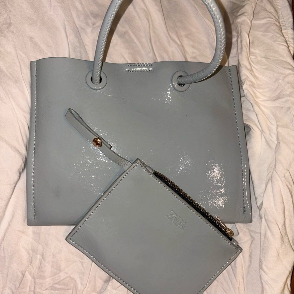 ZARA Pale Blue Patent Tote with Wrist Pouch